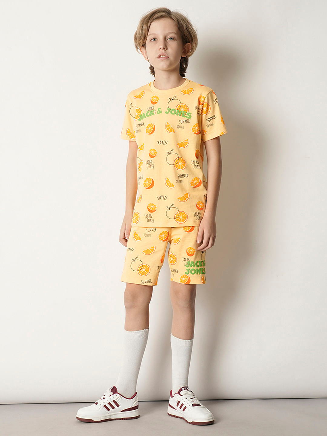Boys Orange Fruits Print Co-ord Set Shorts