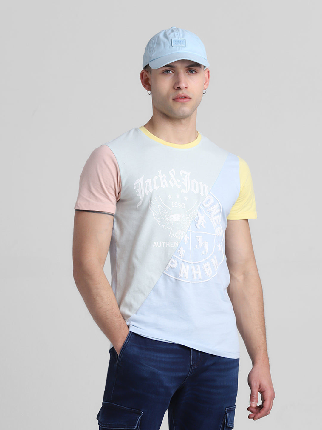 Colourblocked Printed Cotton T-shirt - S