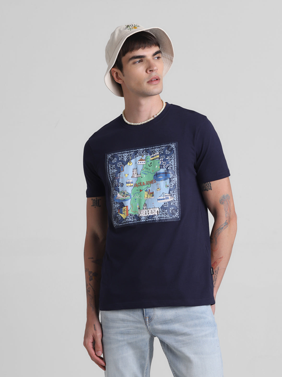 Navy Applique Patchwork Print T-shirt - S
