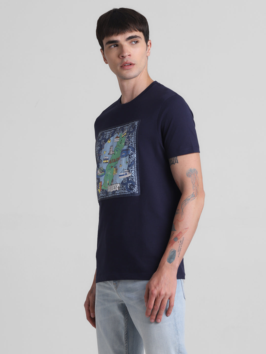 Navy Applique Patchwork Print T-shirt