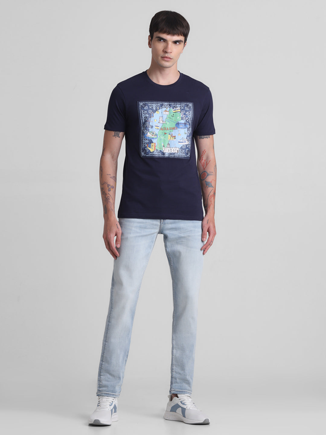 Navy Applique Patchwork Print T-shirt
