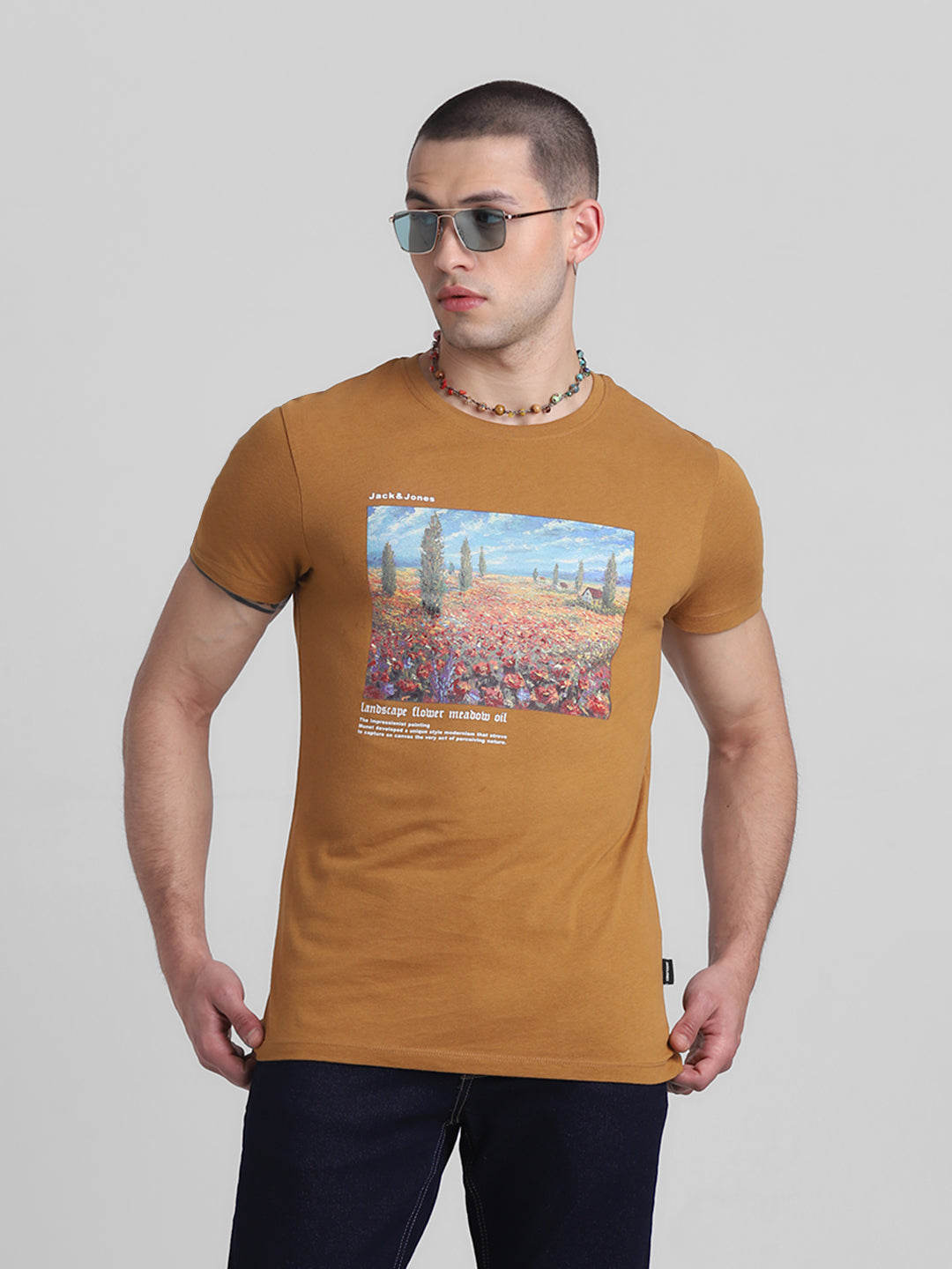Brown Chest Print Cotton T-shirt - L