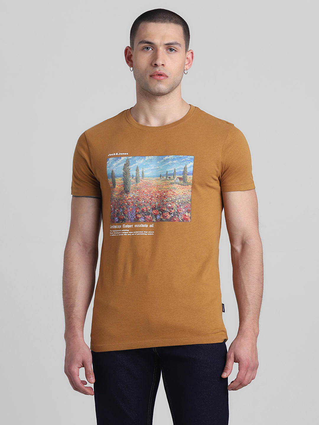 Brown Chest Print Cotton T-shirt