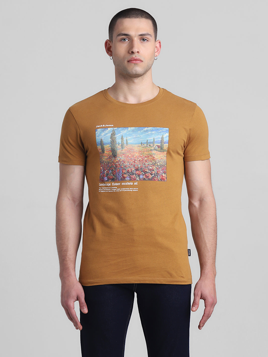 Brown Chest Print Cotton T-shirt