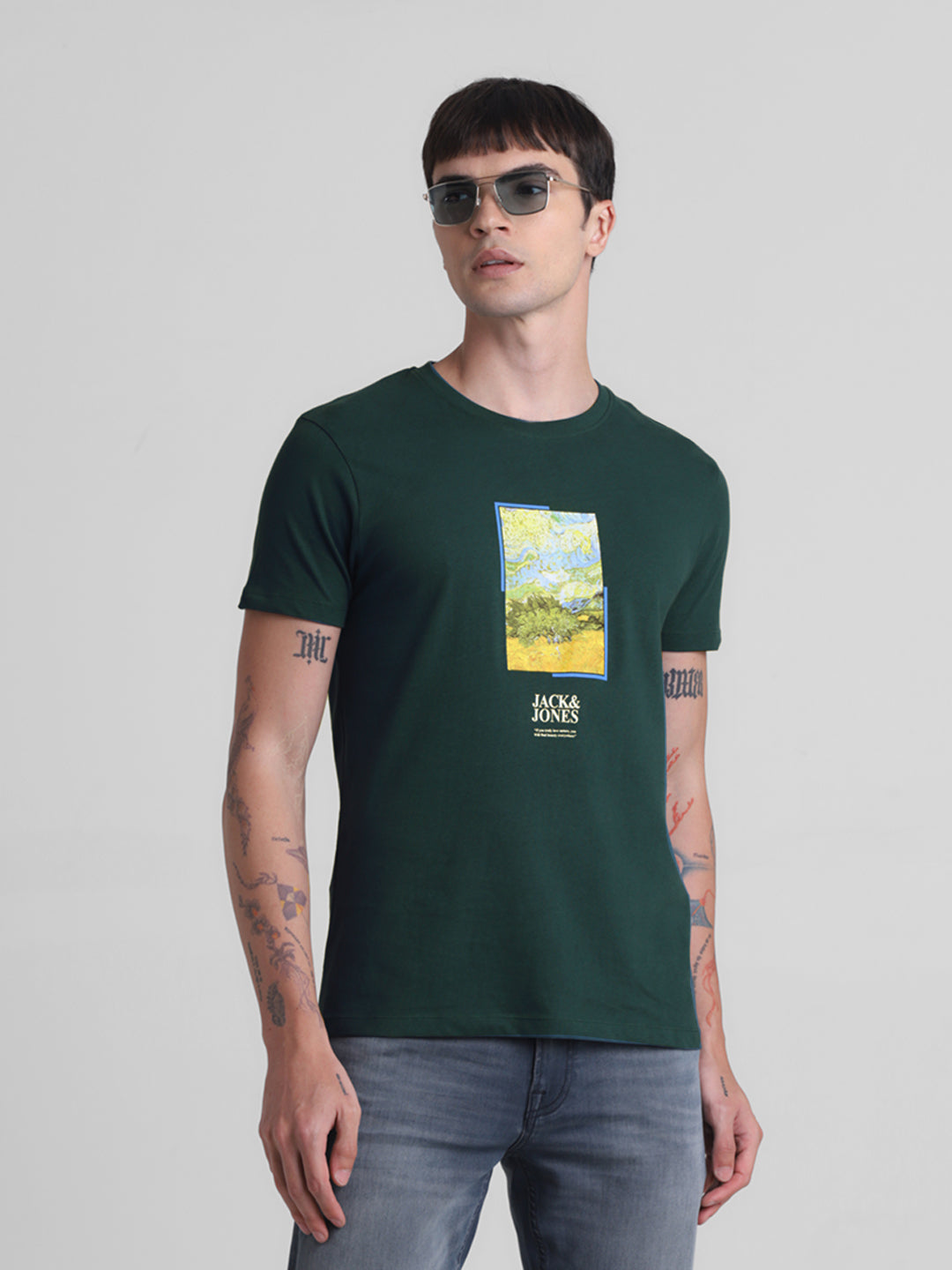 Dark Green Chest Print T-shirt