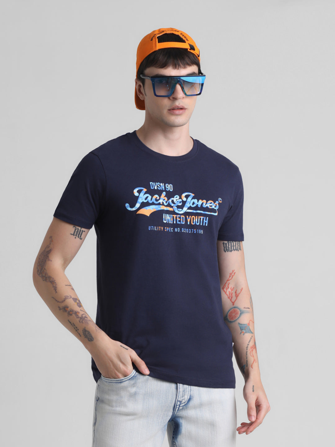 Dark Blue Printed Cotton T-shirt - L