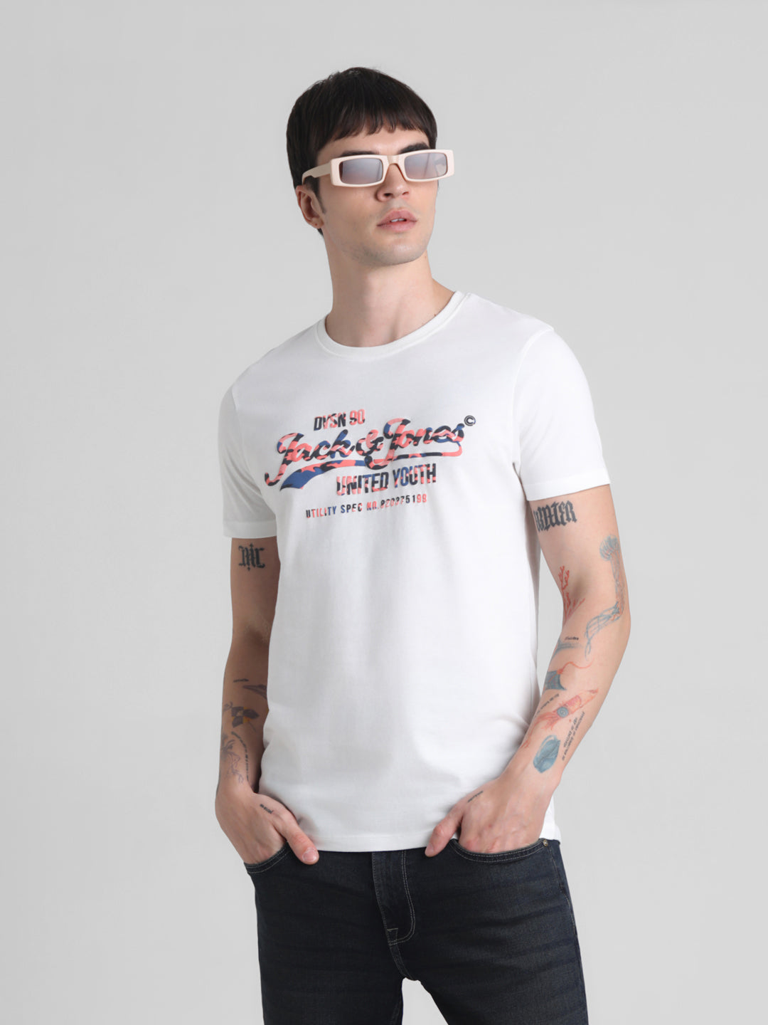 White Printed Cotton T-shirt - S