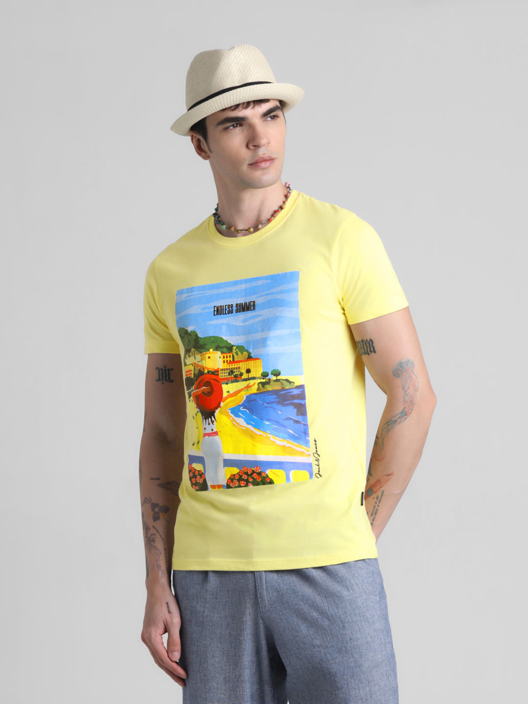 Yellow Printed Cotton T-shirt - M