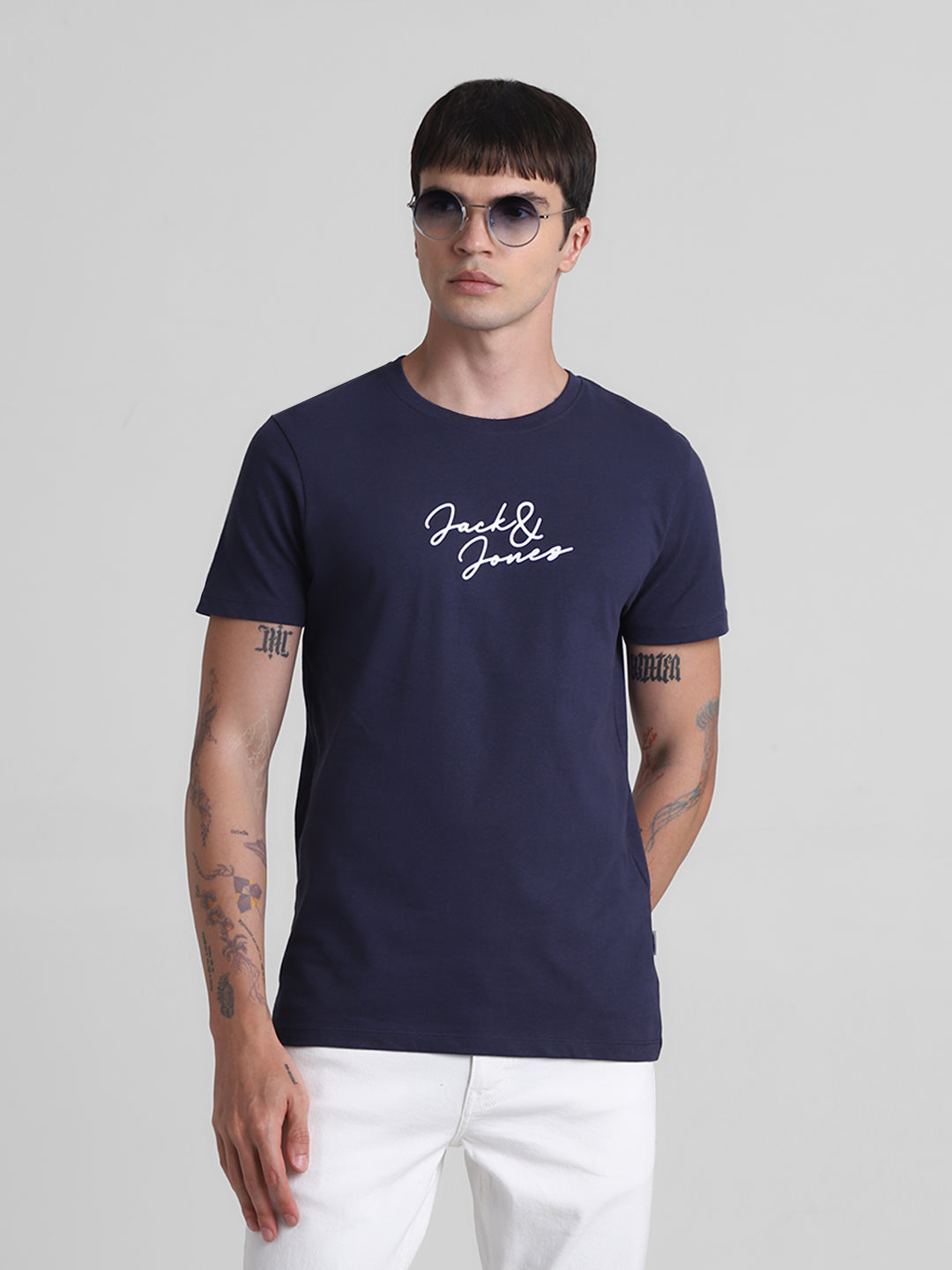Navy Logo Print Cotton T-shirt - S