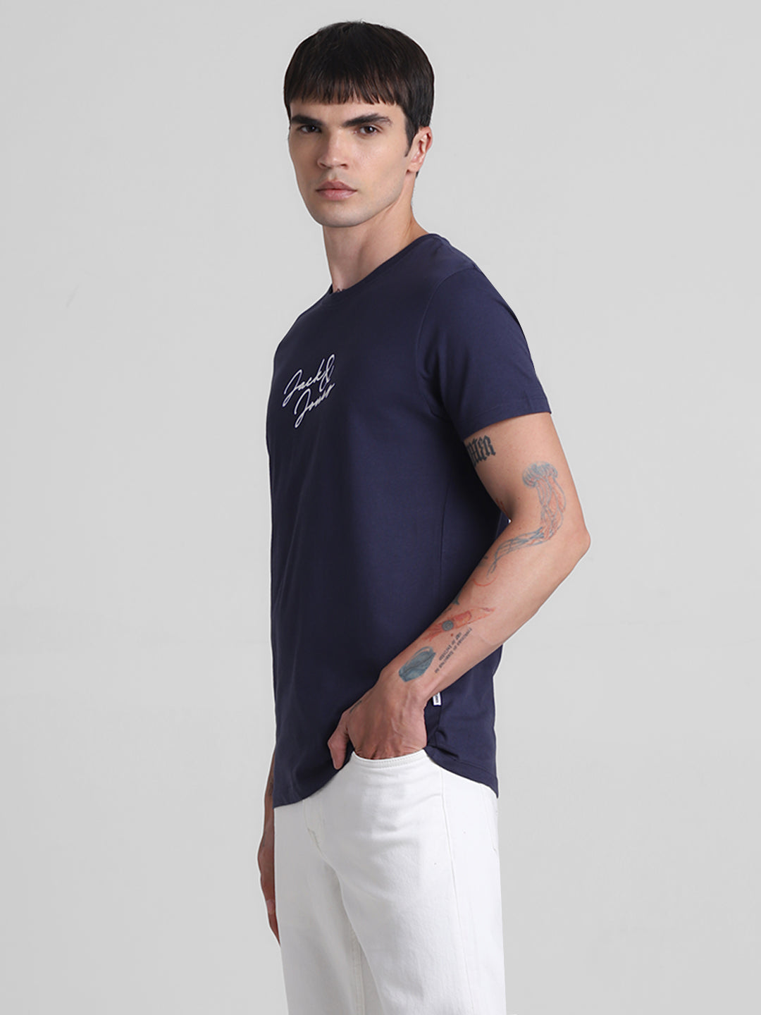 Navy Logo Print Cotton T-shirt