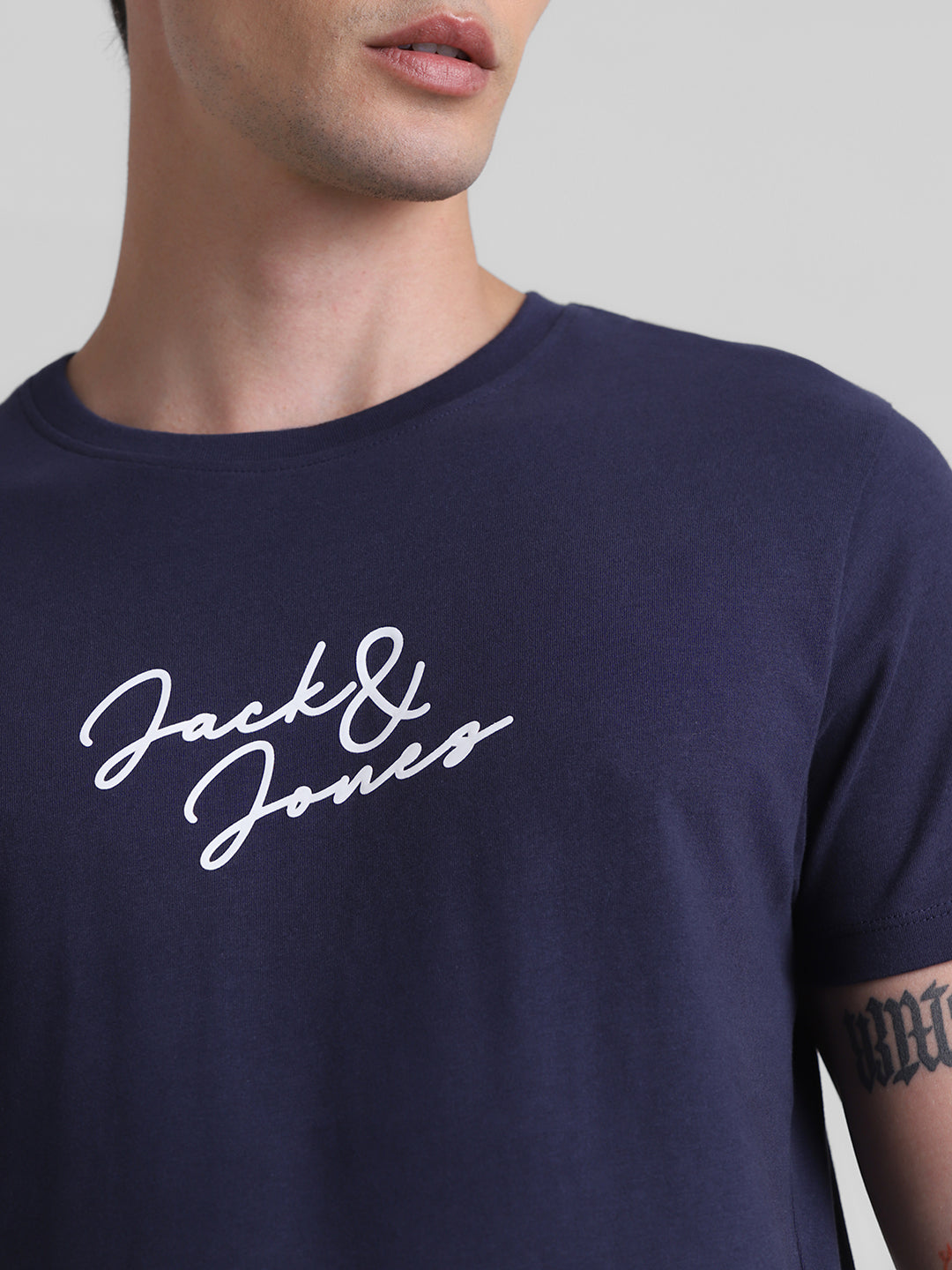 Navy Logo Print Cotton T-shirt