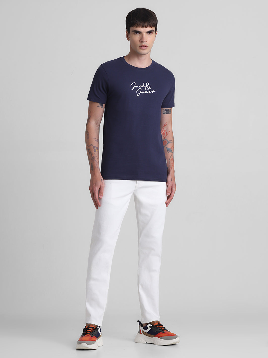 Navy Logo Print Cotton T-shirt