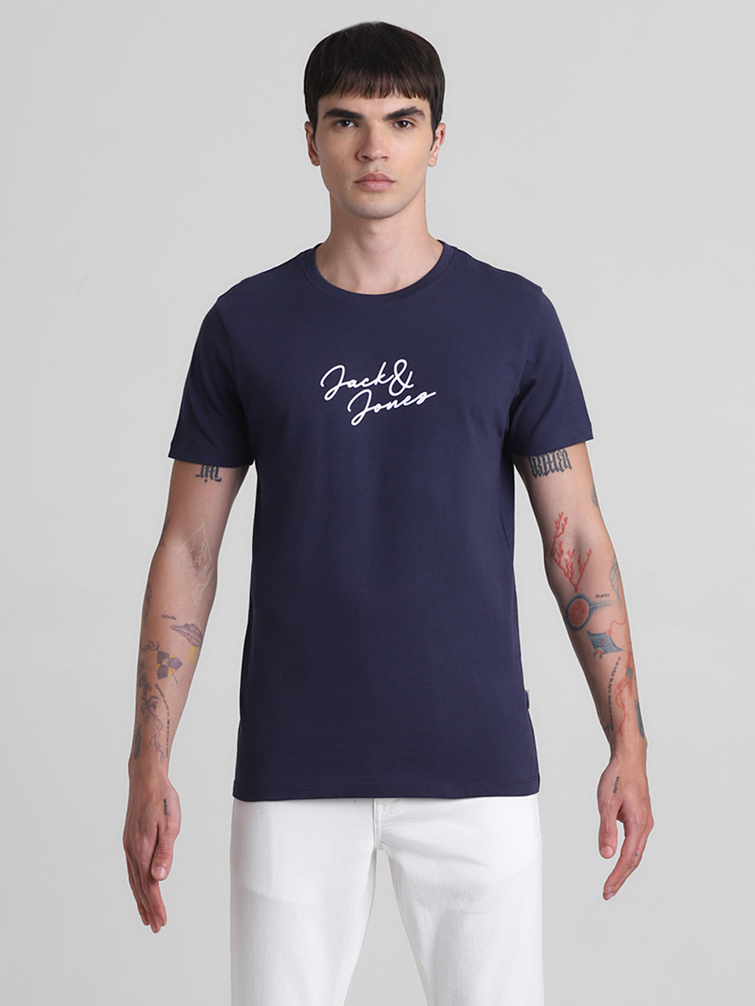 Navy Logo Print Cotton T-shirt
