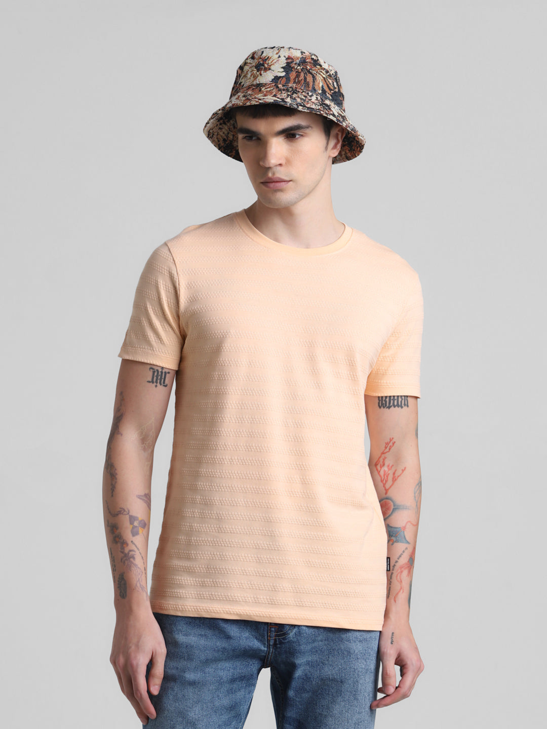 Peach Striped Slim Fit T-shirt