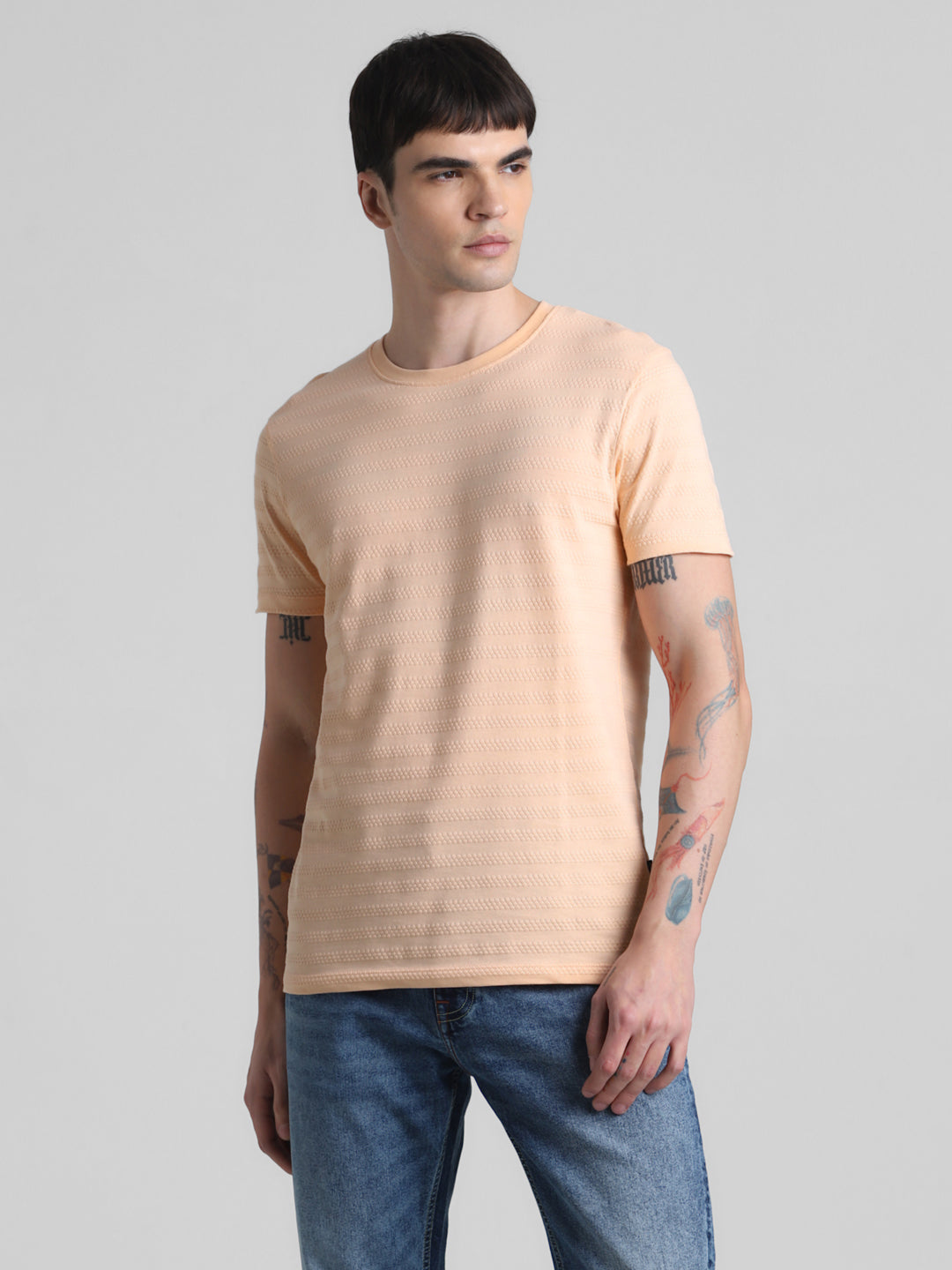 Peach Striped Slim Fit T-shirt
