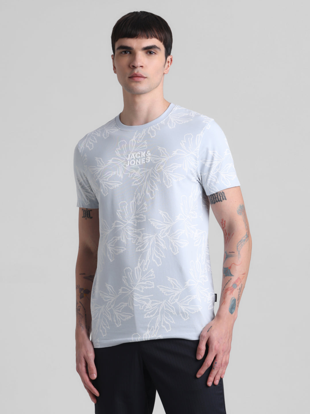 Light Blue Floral Cotton T-shirt