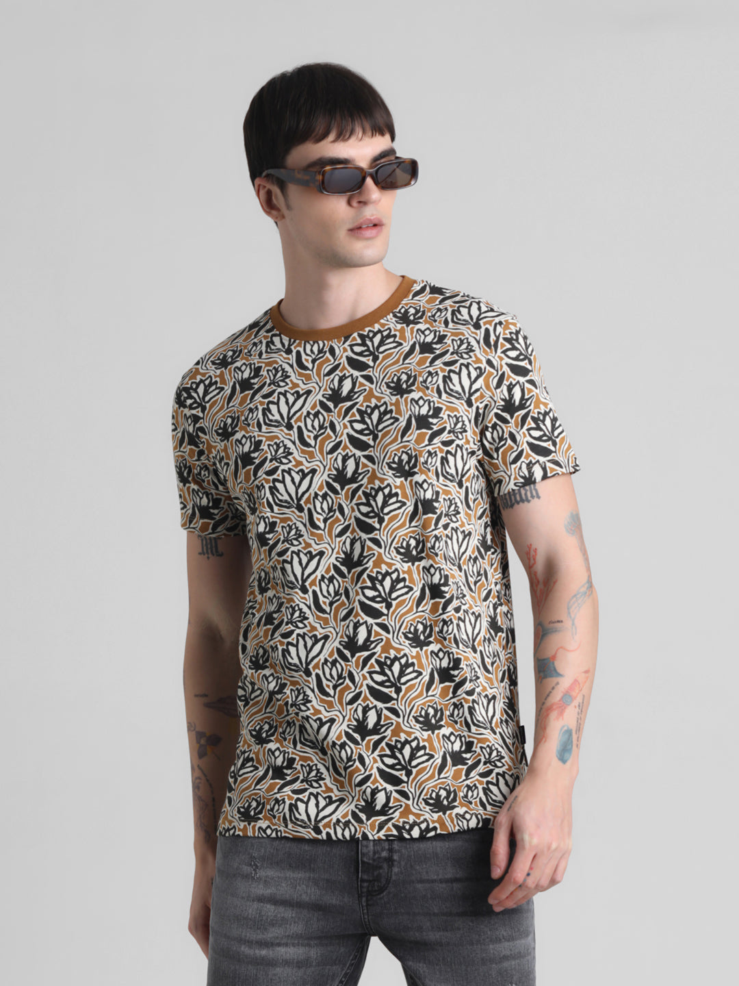 Floral Cotton Slim Fit T-shirt - Golden Brown - L