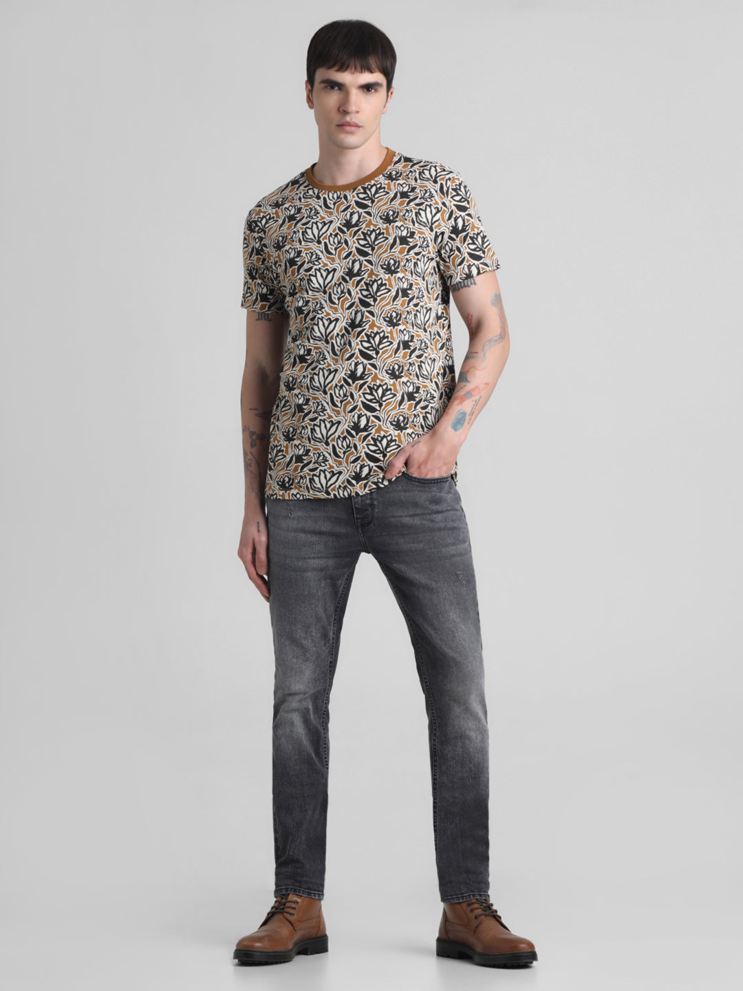 Floral Cotton Slim Fit T-shirt - Golden Brown