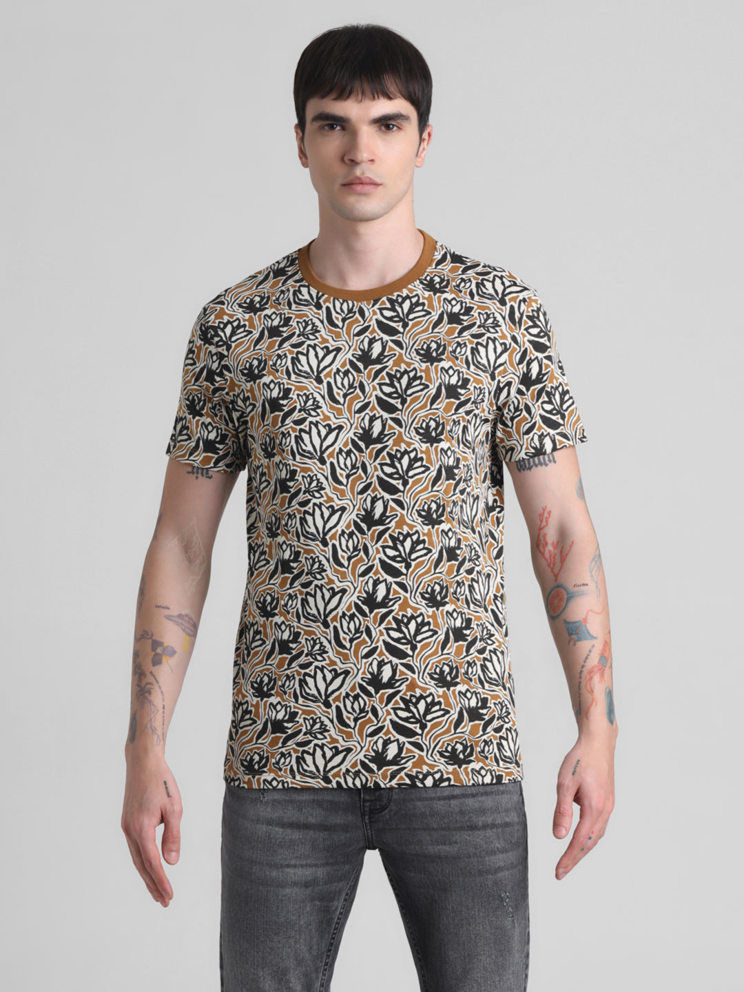 Floral Cotton Slim Fit T-shirt - Golden Brown
