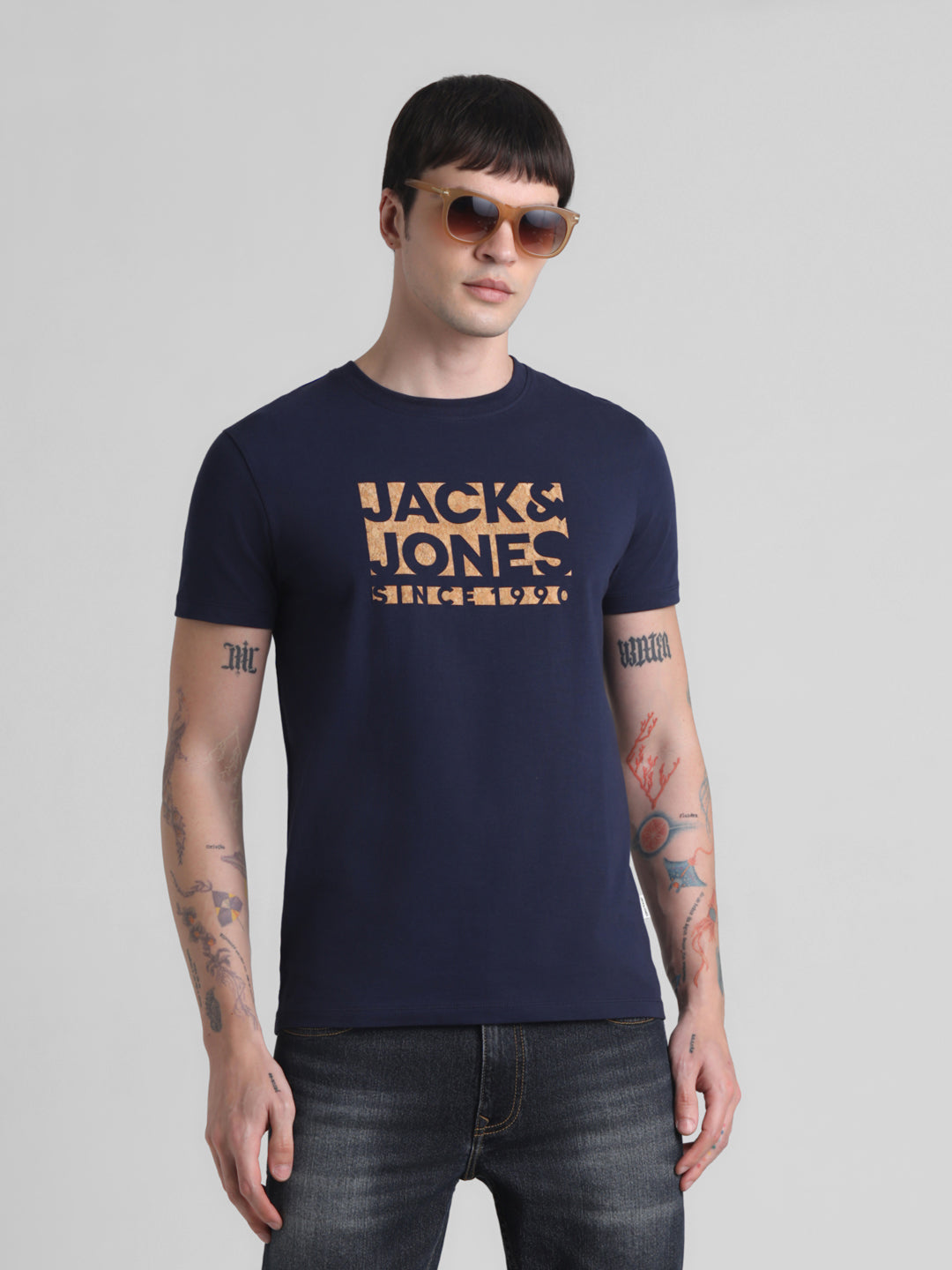 Navy Logo Print Cotton T-shirt - M