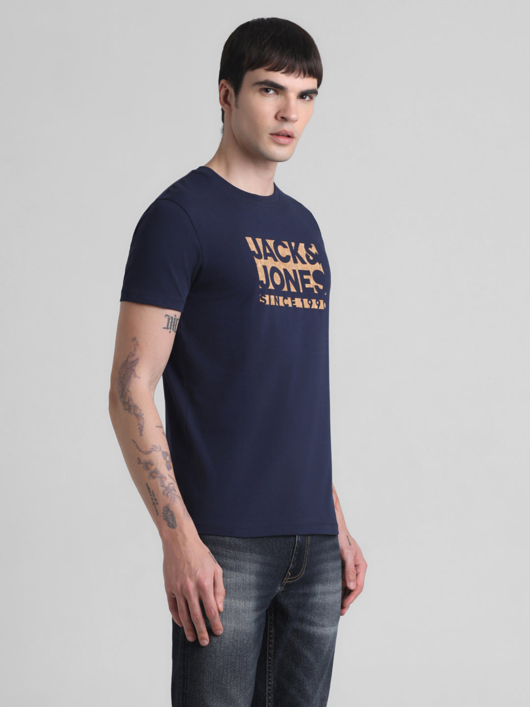 Navy Logo Print Cotton T-shirt