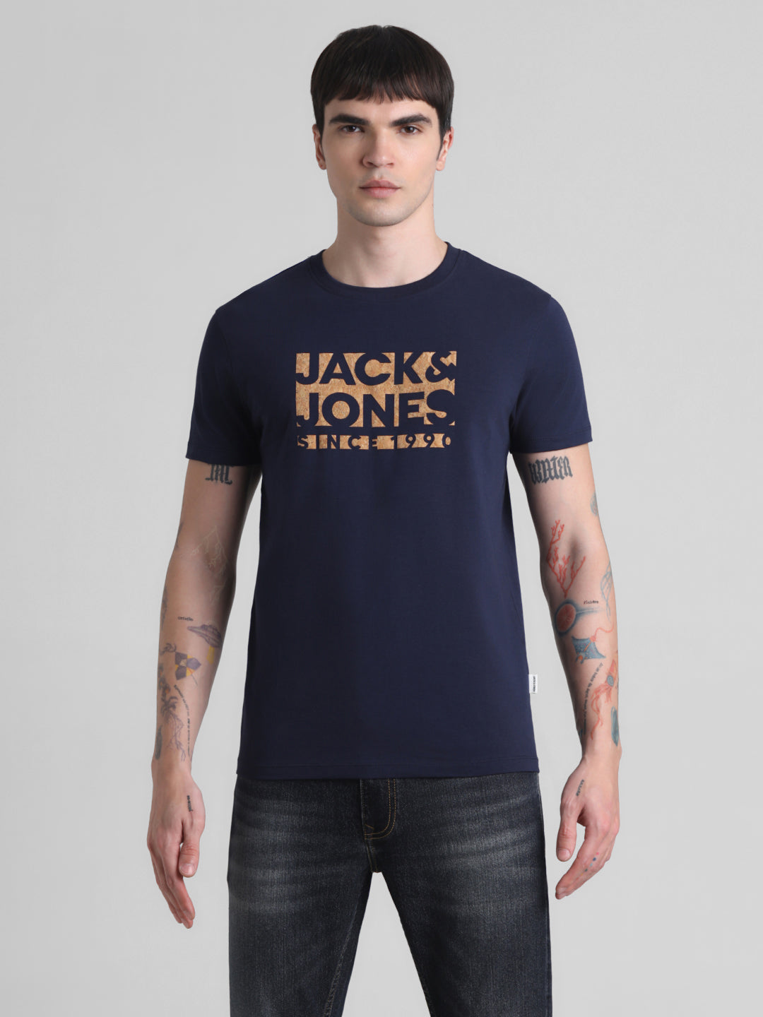 Navy Logo Print Cotton T-shirt