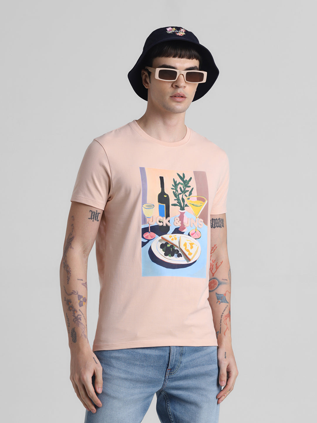 Peach Printed Slim Fit T-shirt - S