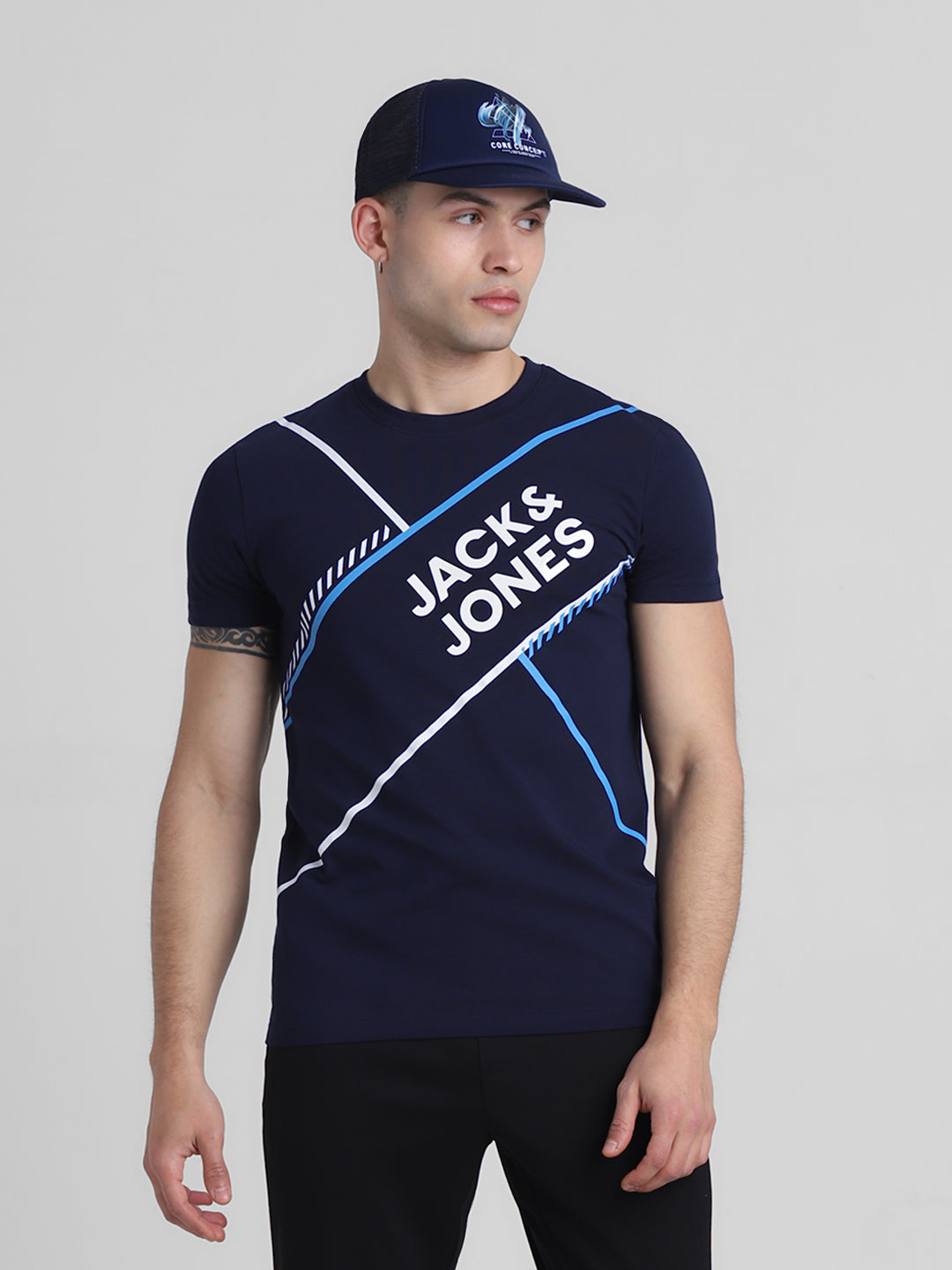 Navy Logo Print Cotton T-shirt - S