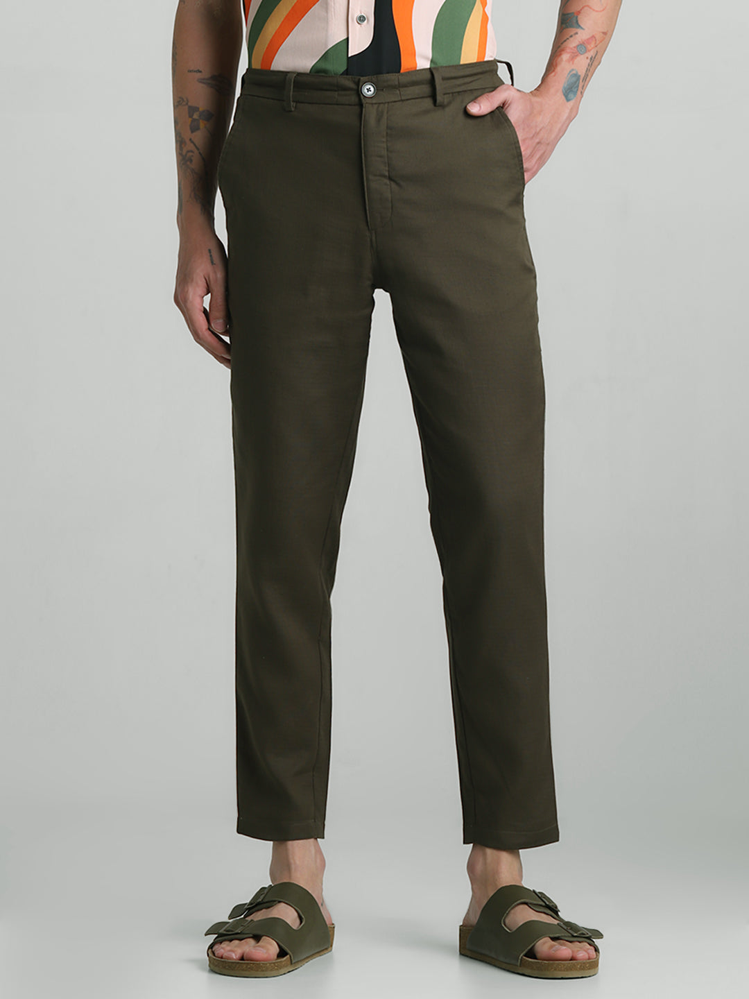 Olive Green Cotton Slim Fit Pants - S