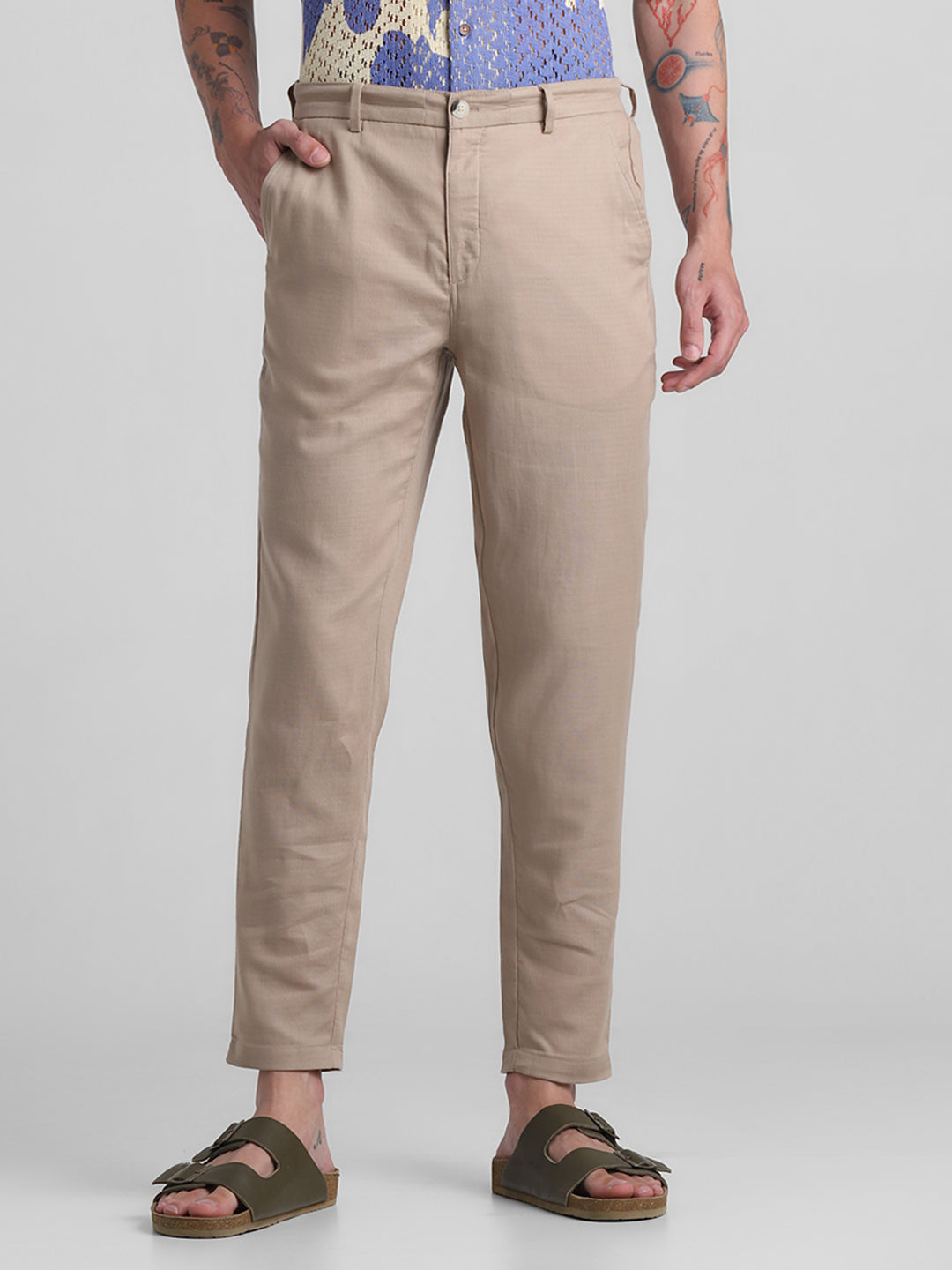 Beige Cotton Slim Fit Pants - S