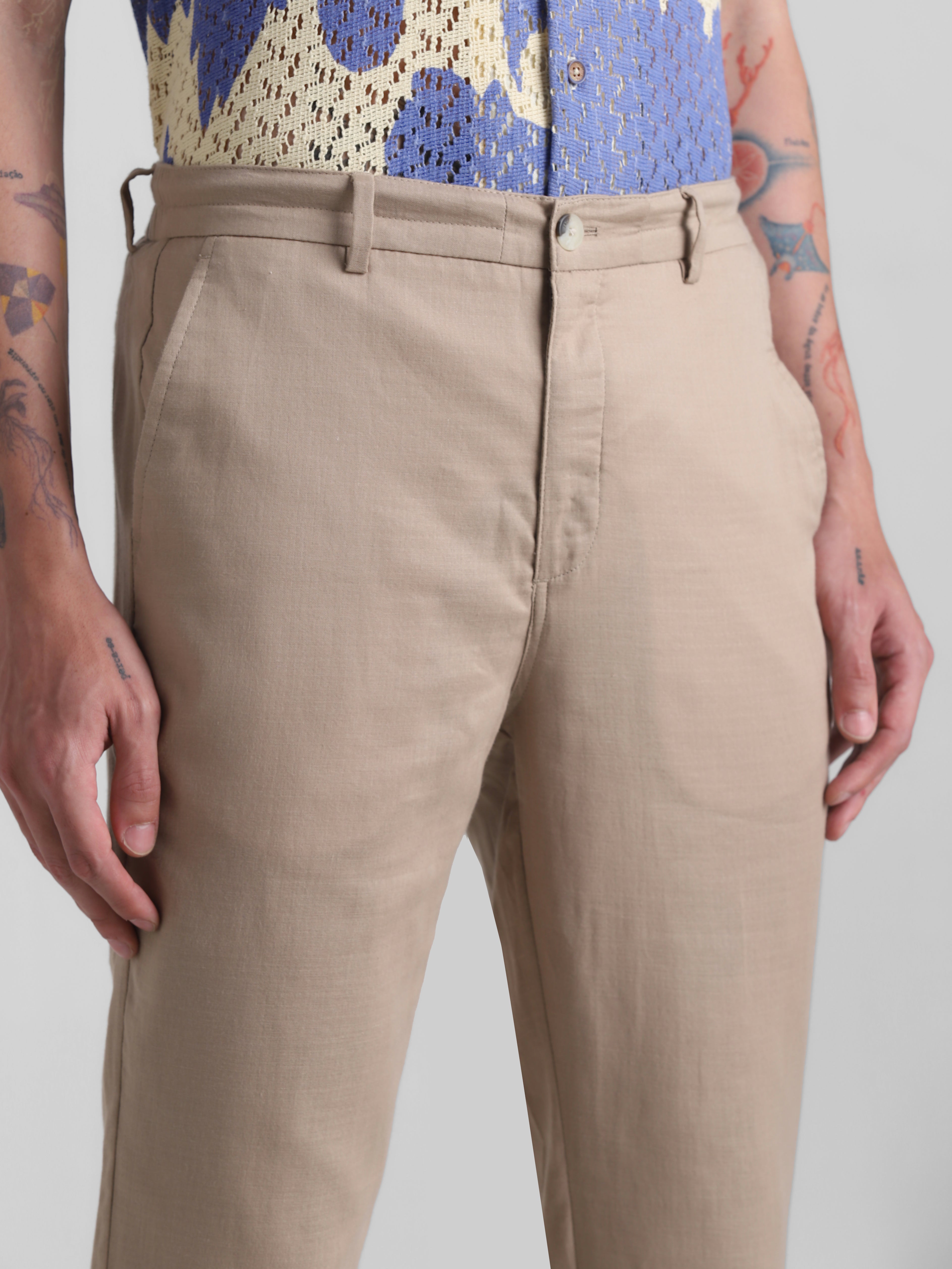 Beige Cotton Slim Fit Pants