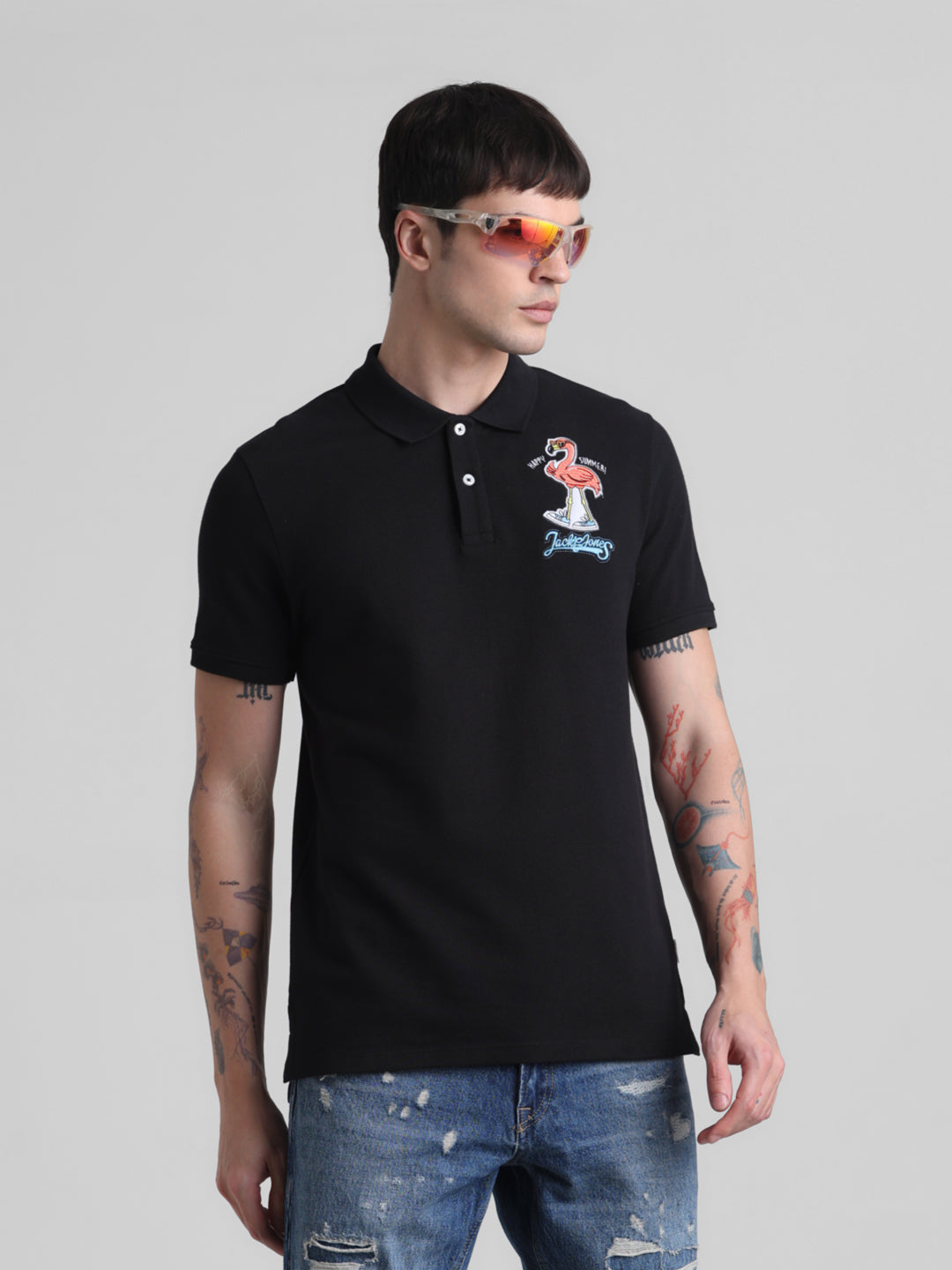 Black Appliqué Patchwork Polo - S