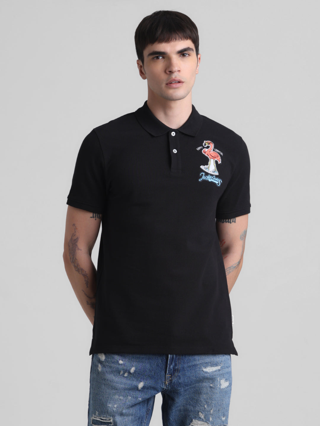 Black Appliqué Patchwork Polo