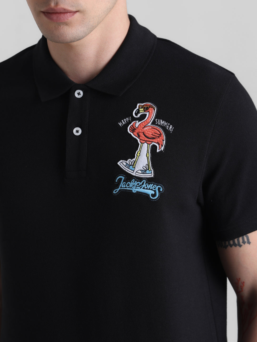 Black Appliqué Patchwork Polo