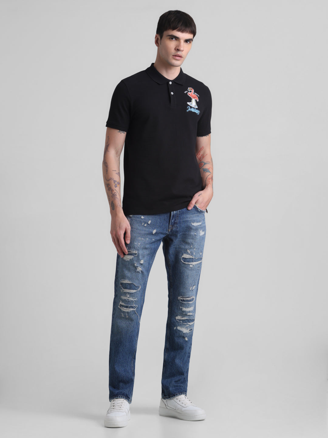 Black Appliqué Patchwork Polo