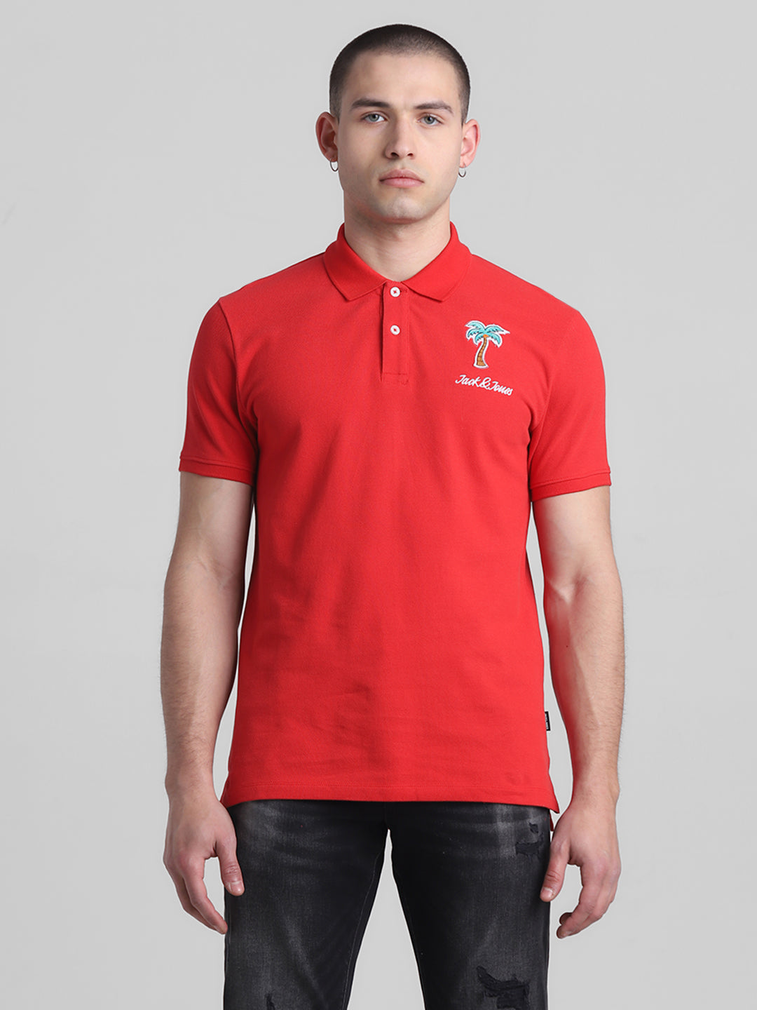Red Applique Patchwork Printed Polo