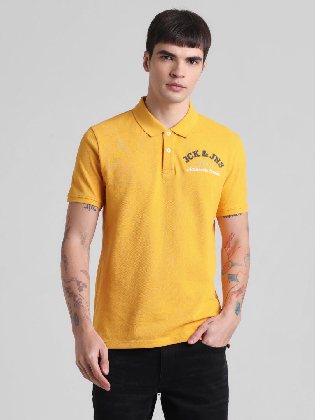 Yellow Embroidered Text Polo