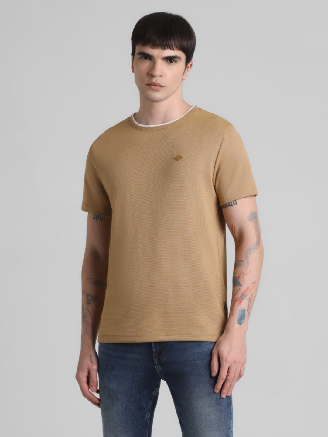 Brown Contrast Neck Band T-shirt