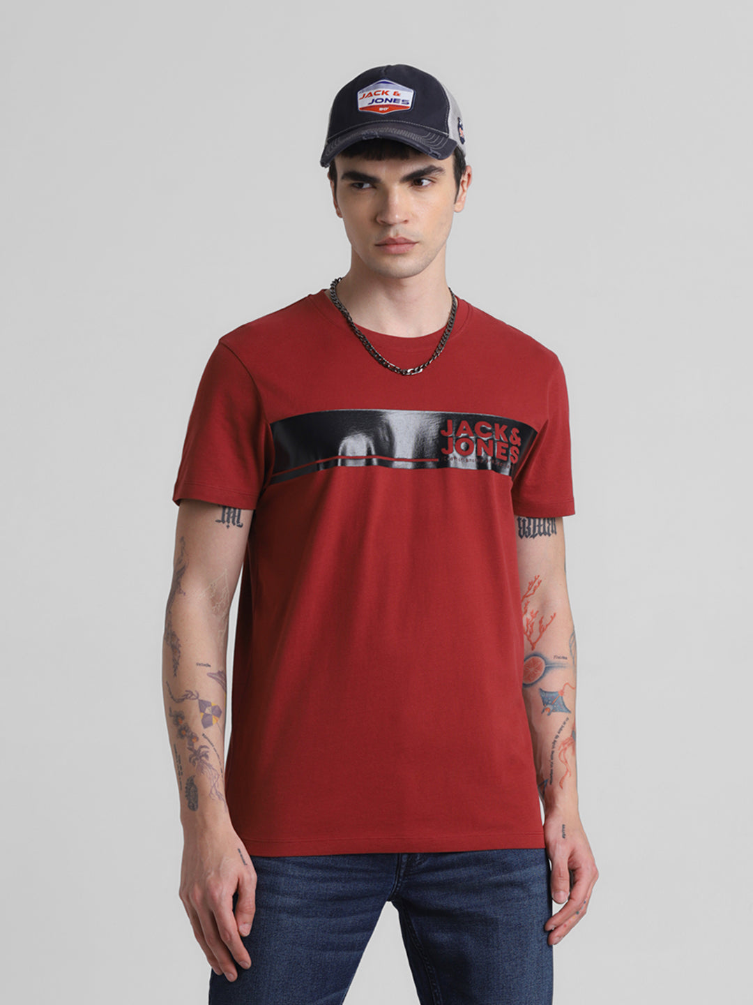 Red Chest Print Cotton T-shirt - S
