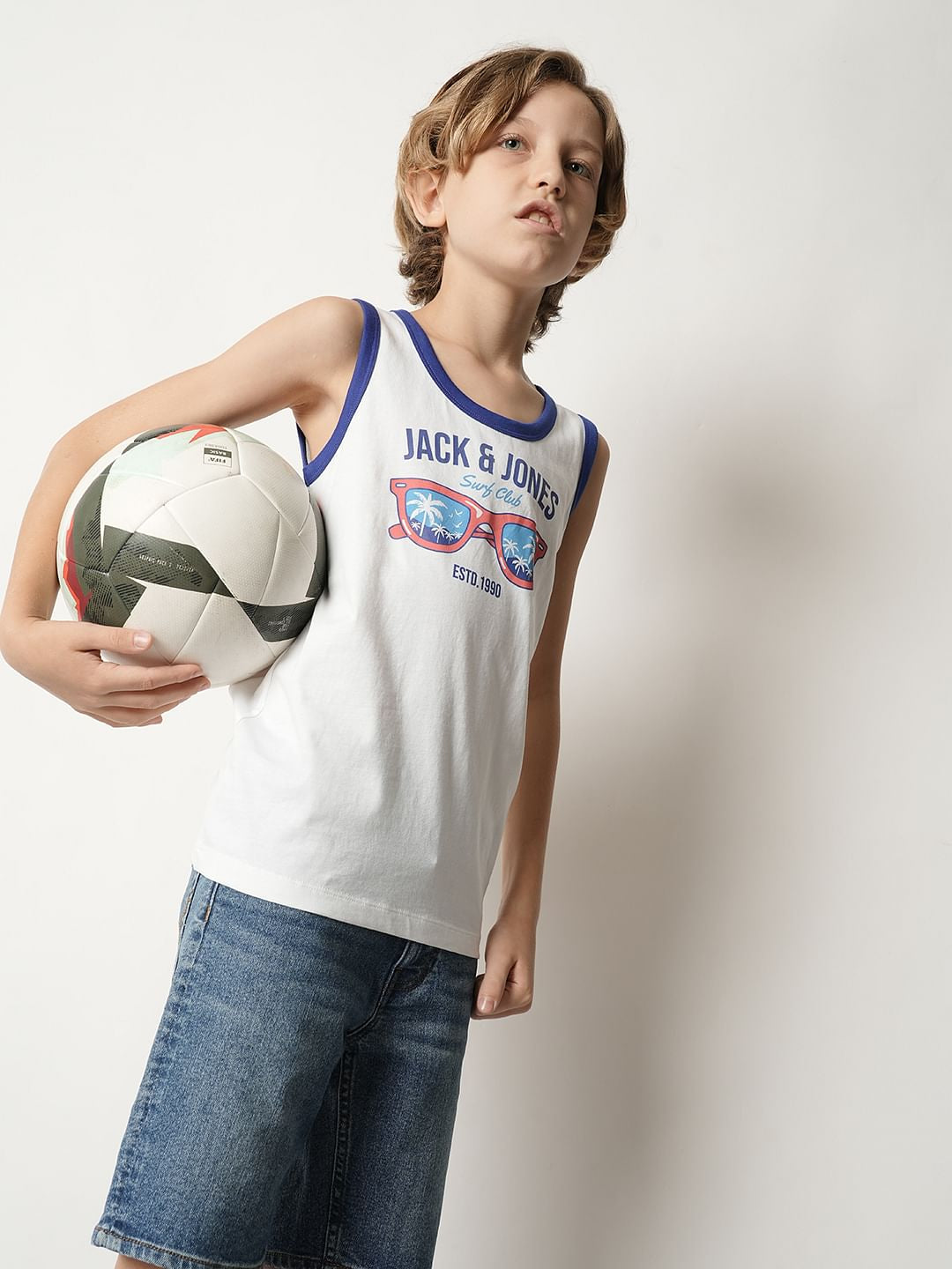Boys White Printed Sleeveless T-shirt - 5/6Y