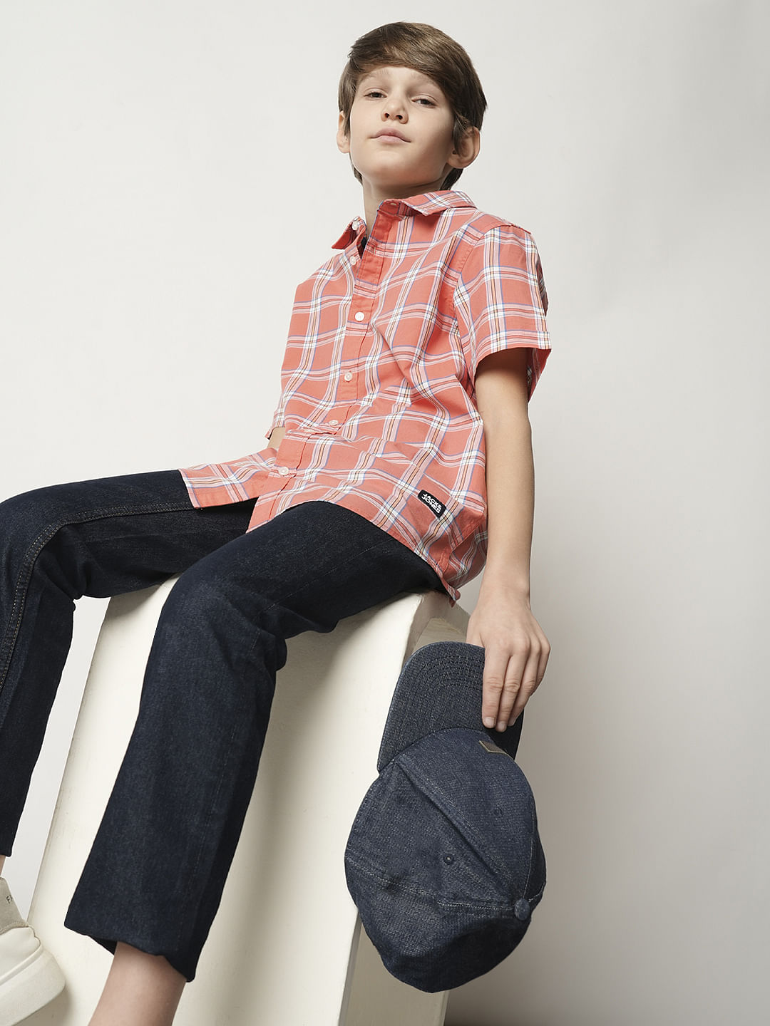 Boys Peach Check Cotton Shirt