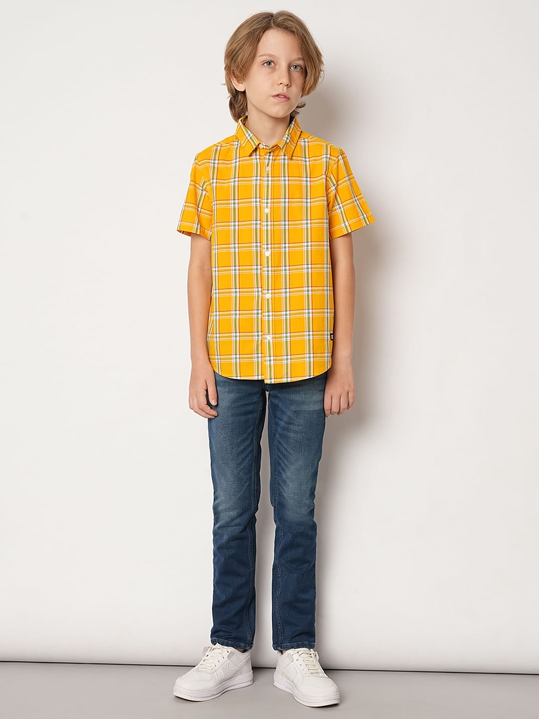 Boys Orange Check Cotton Shirt