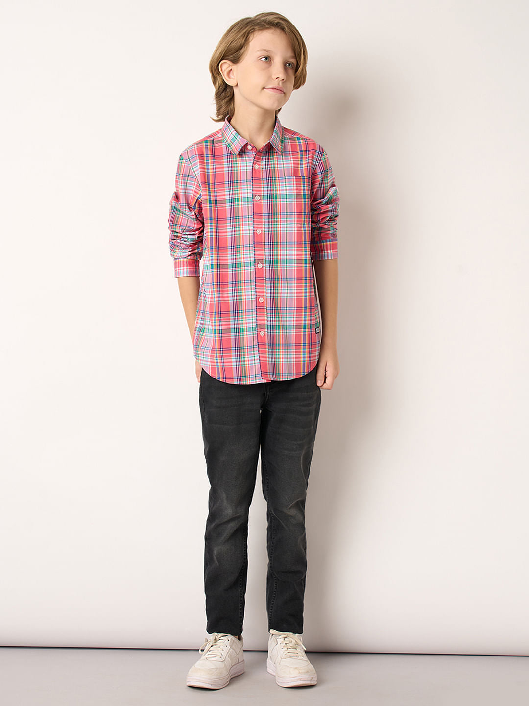 Boys Pink Check Full Sleeves Shirt