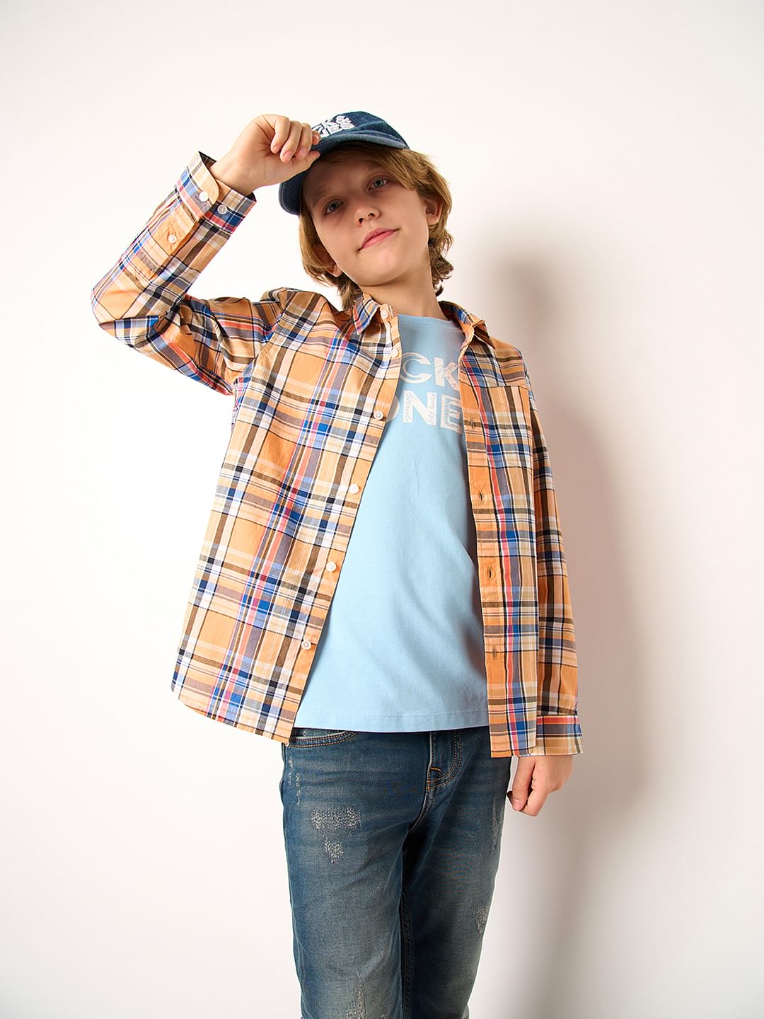 Boys Peach Check Full Sleeves Shirt