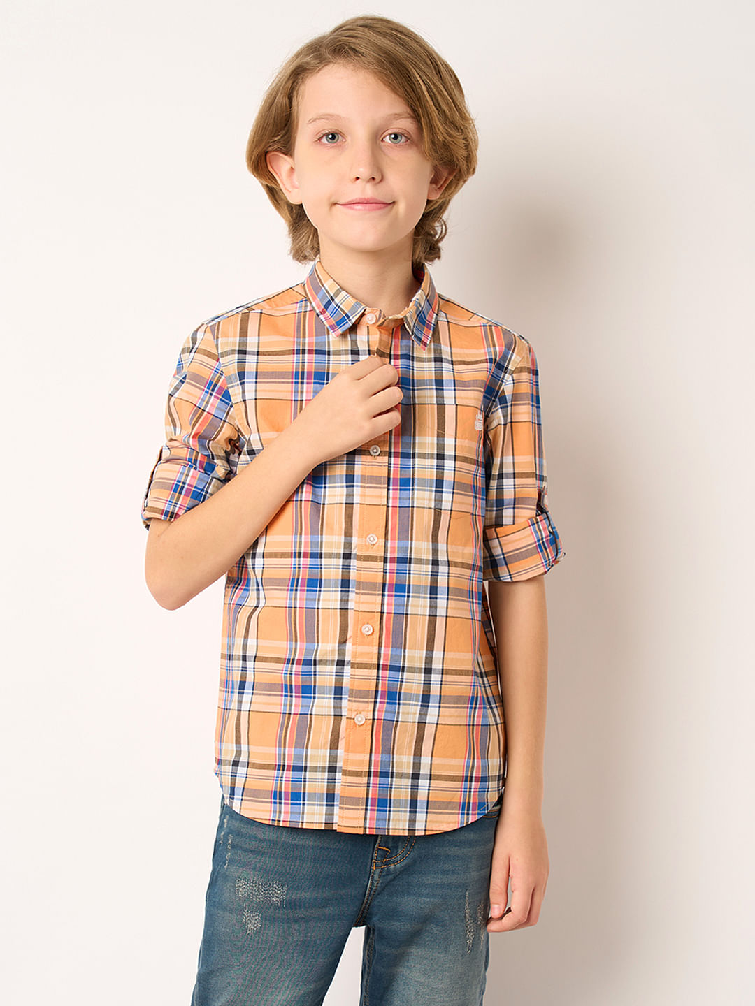 Boys Peach Check Full Sleeves Shirt