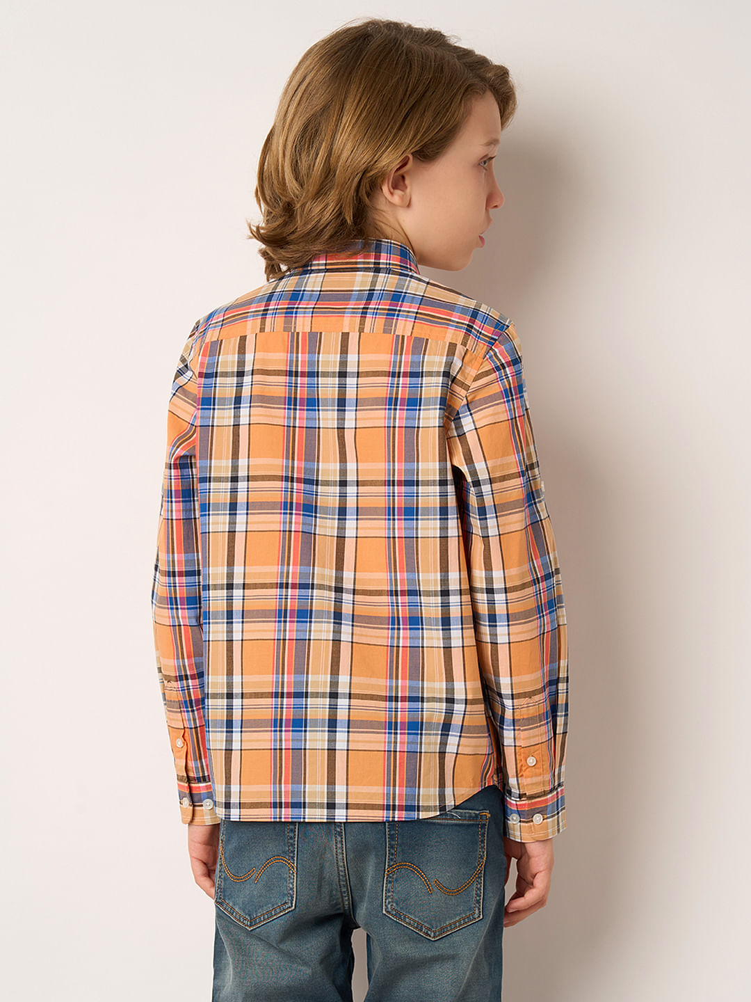 Boys Peach Check Full Sleeves Shirt