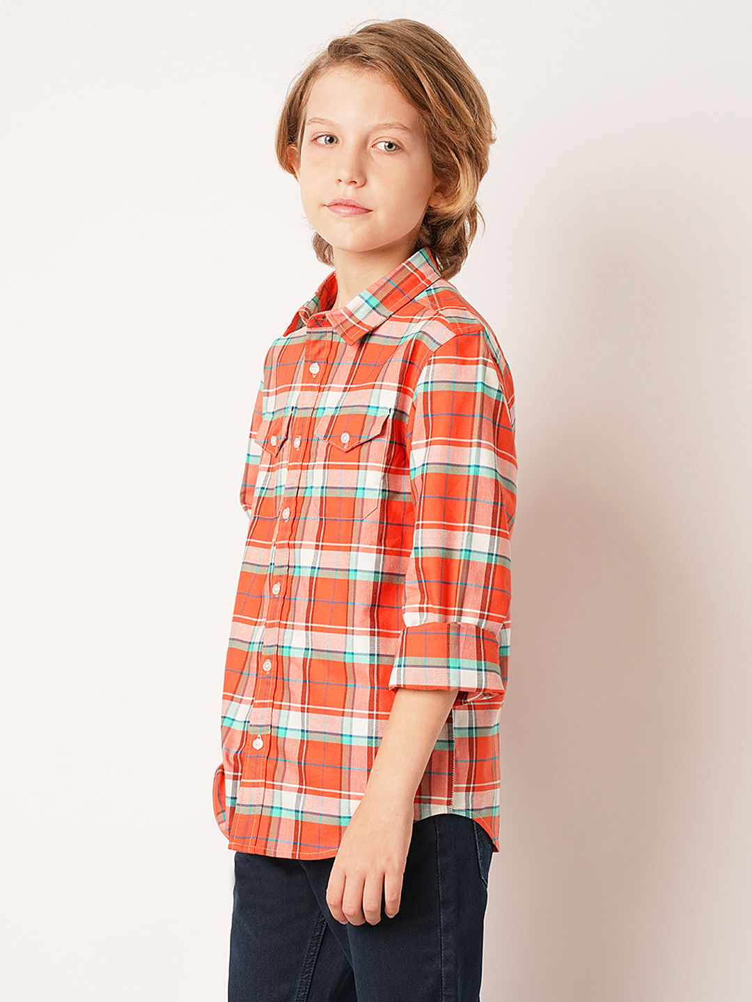 Boys Red Check Full Sleeves Shirt