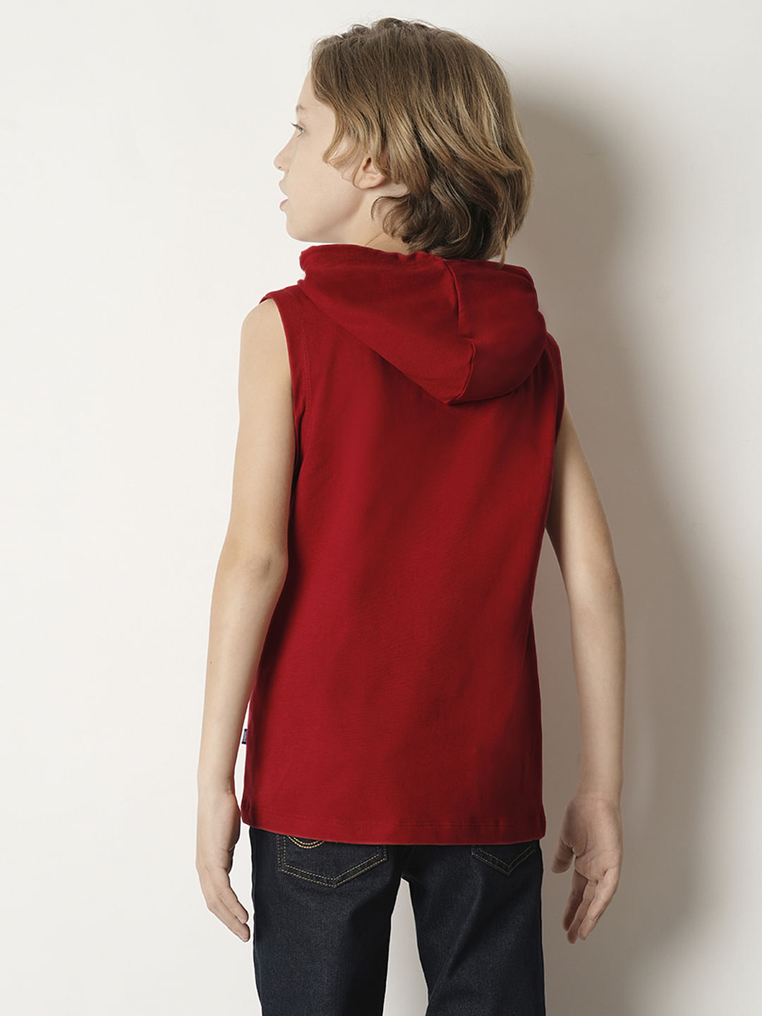 Boys Red Printed Hooded T-shirt