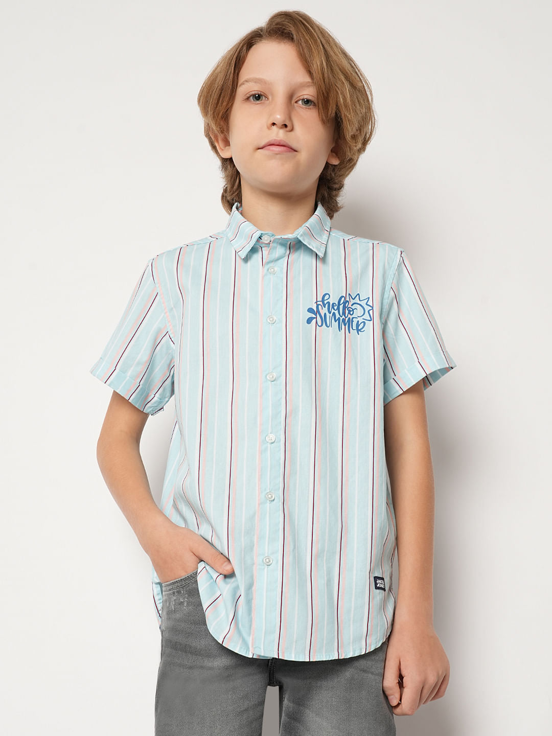 Boys Blue Striped Short Sleeves Shirt