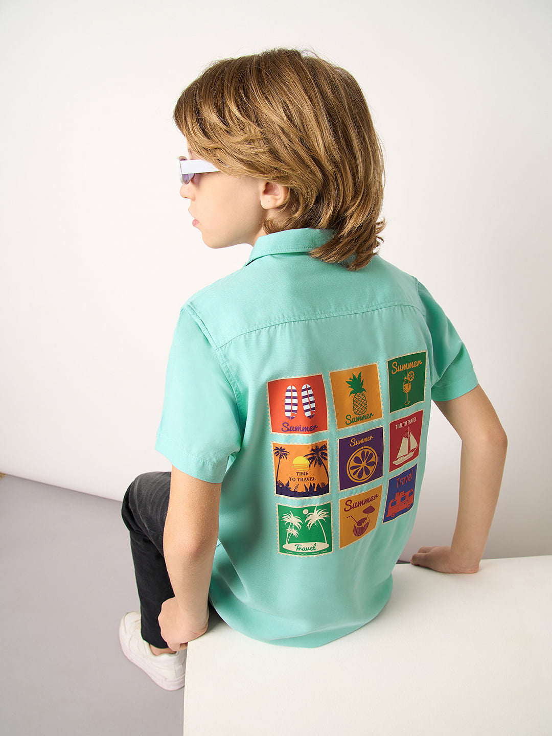 Boys Blue Travel Stamp Short Sleeves Shirt - 4/5Y